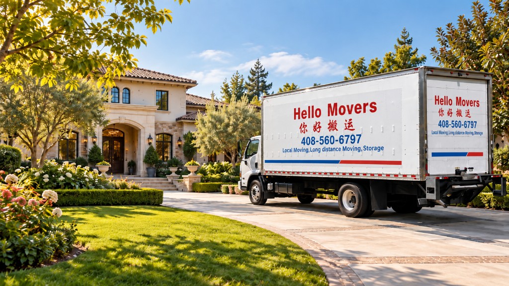 A Hello Movers box truck parked in front of a house